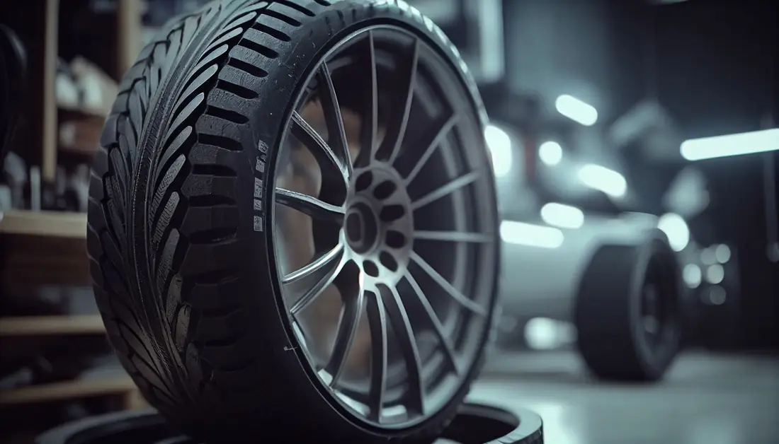 A performance tire and alloy wheel standing in a Meineke service bay